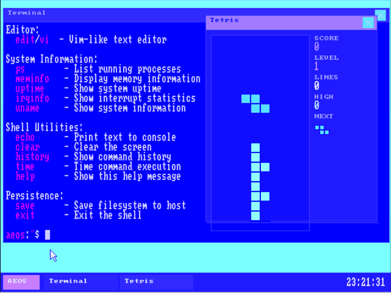 AEOS desktop running in QEMU: a terminal showing shell help beside a Tetris window, with the taskbar clock at the bottom